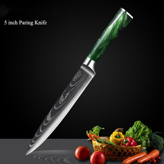 Green Resin Handle Damascus Laser Grain Knife