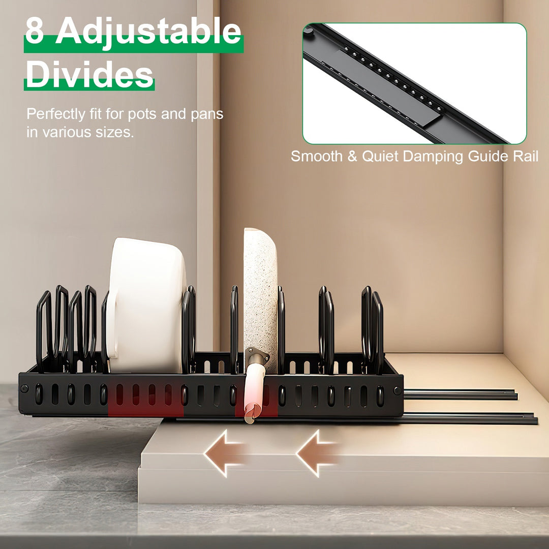 1Pc Pull Out Pots And Pans Organizer Under Cabinet With 8 Adjustable Dividers Rustproof Carbon Steel Sliding Pots Holder For Kitchen Cookware Bakeware Pots Lids Storage