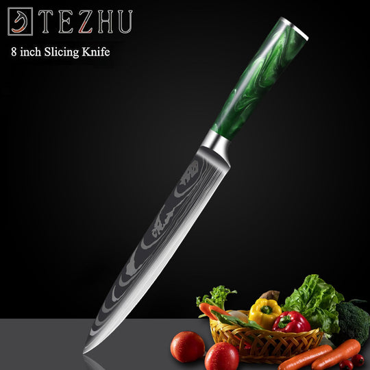 Green Resin Handle Damascus Laser Grain Knife