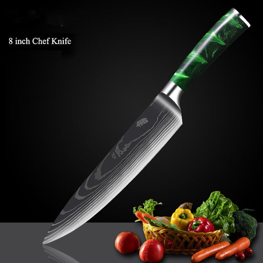 Green Resin Handle Damascus Laser Grain Knife