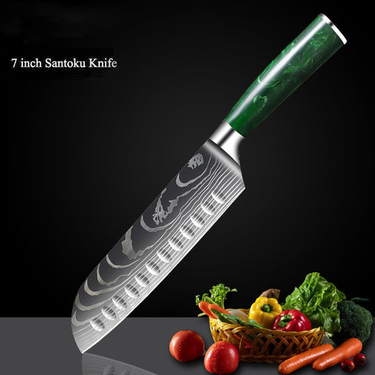 Green Resin Handle Damascus Laser Grain Knife