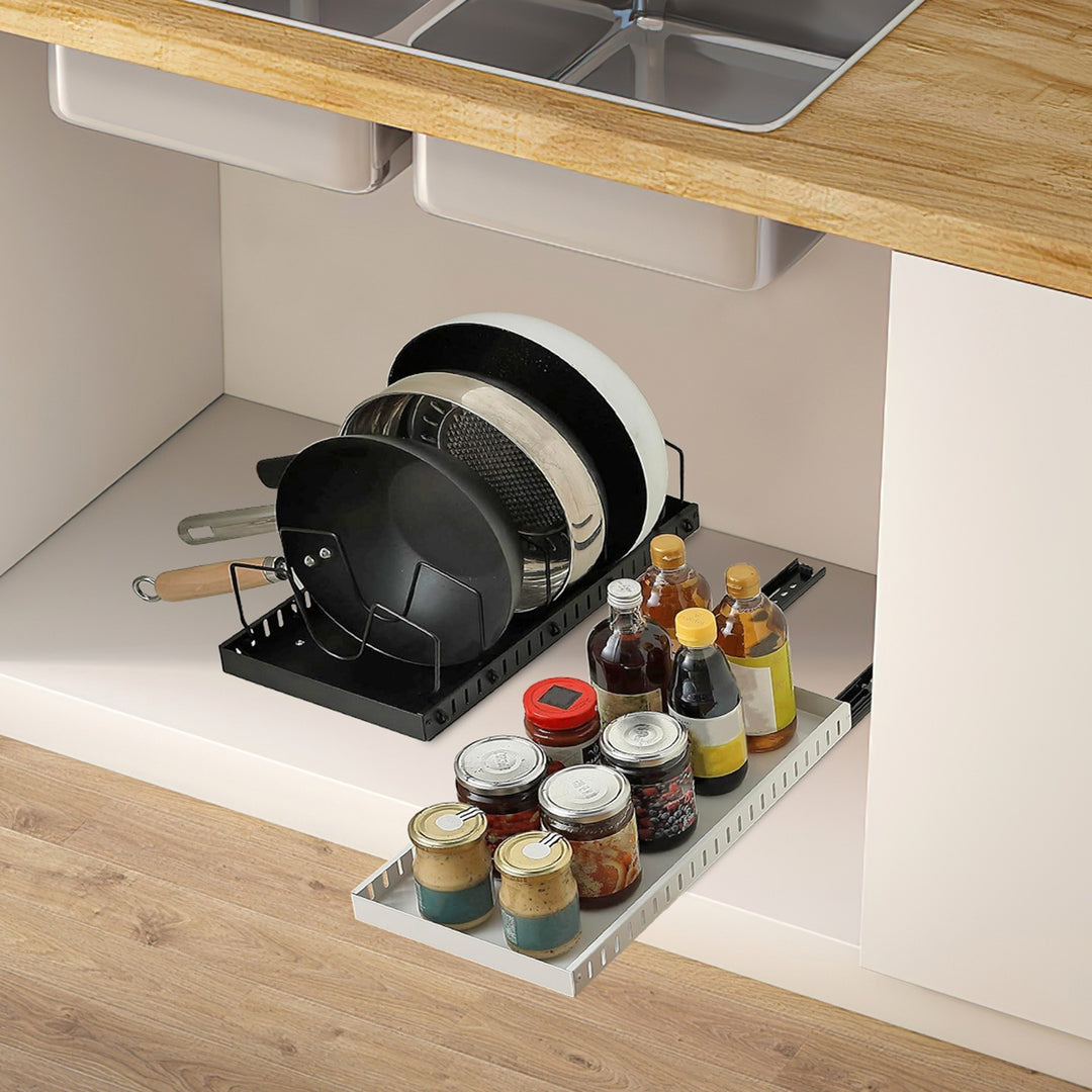 1Pc Pull Out Pots And Pans Organizer Under Cabinet With 8 Adjustable Dividers Rustproof Carbon Steel Sliding Pots Holder For Kitchen Cookware Bakeware Pots Lids Storage