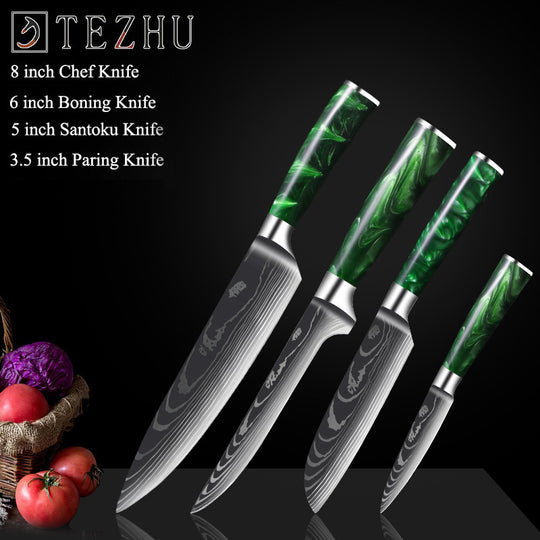 Green Resin Handle Damascus Laser Grain Knife