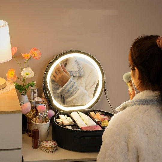 Round Smart LED Makeup Bag with Mirror Lights