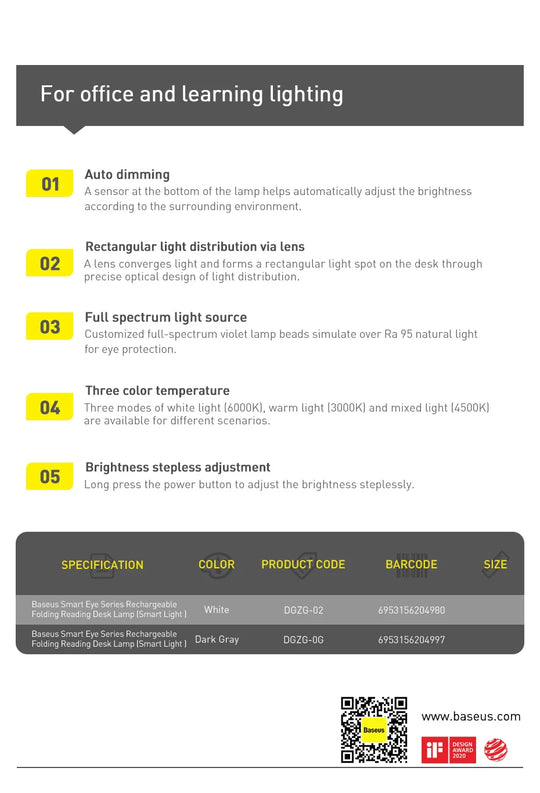 Baseus LED Desk Lamp Eye Protection Study Dimmable Office Light Foldable Table Lamp Smart Adaptive Brightness Bedside Read Lamp