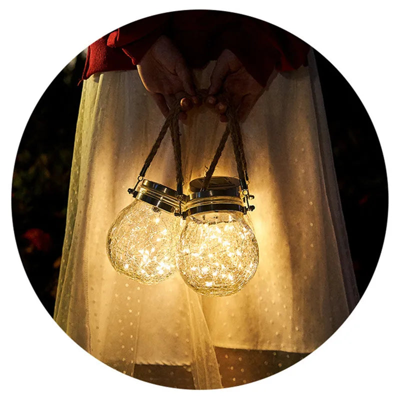 Solar Bottle Lamp Hemp Rope Hanging Lamp Outdoor Waterproof Balcony Terrace Garden Tree Light String Chandelier Glass Crack Lamp