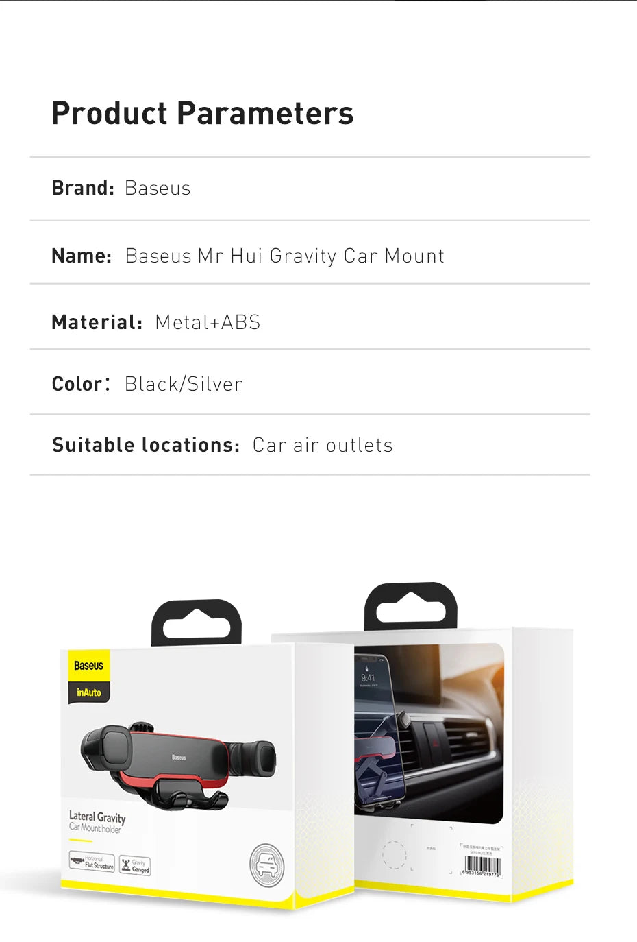 Baseus Car Phone Holder Metal Gravity Auto Air Vent Mobilephone Stand For 4.7-6.5 Inch Phone Invisibile Car Support