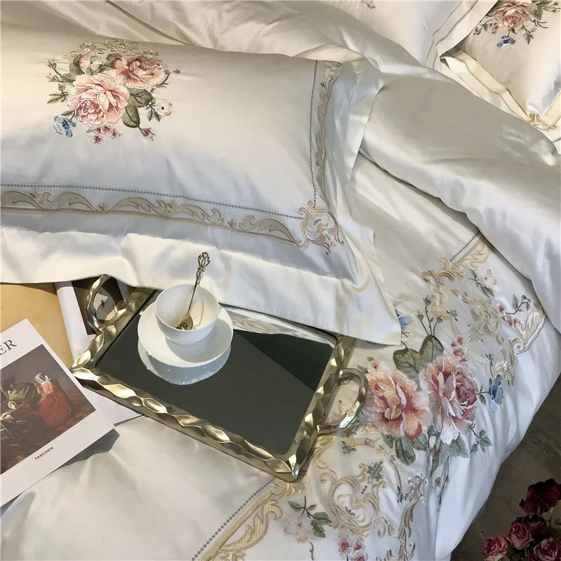 1000TC Egyptian Cotton Luxury Embroidery White Bedding Set Queen King size Super King Duvet Cover Bed sheet set parure de lit