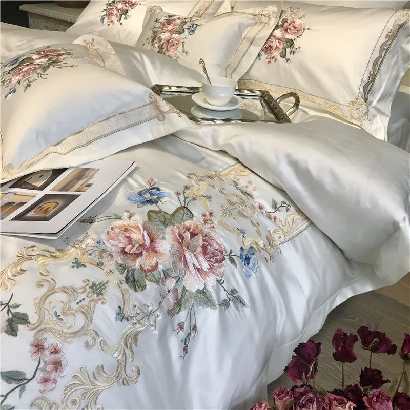 1000TC Egyptian Cotton Luxury Embroidery White Bedding Set Queen King size Super King Duvet Cover Bed sheet set parure de lit