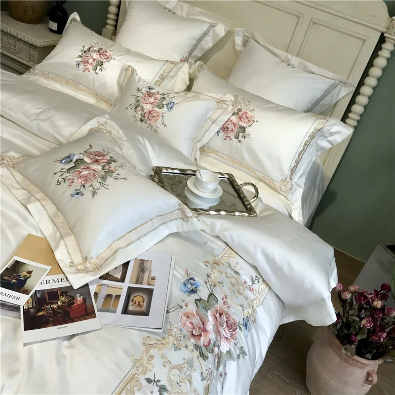 1000TC Egyptian Cotton Luxury Embroidery White Bedding Set Queen King size Super King Duvet Cover Bed sheet set parure de lit