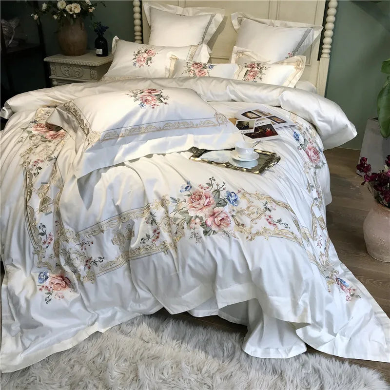 1000TC Egyptian Cotton Luxury Embroidery White Bedding Set Queen King size Super King Duvet Cover Bed sheet set parure de lit