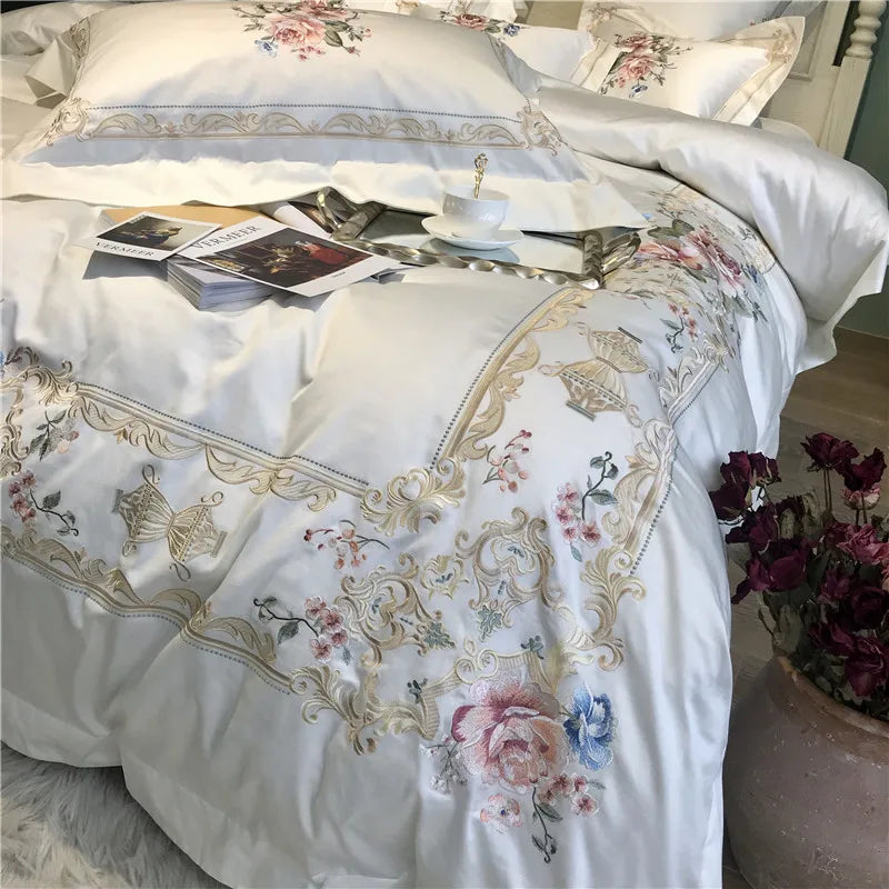 1000TC Egyptian Cotton Luxury Embroidery White Bedding Set Queen King size Super King Duvet Cover Bed sheet set parure de lit