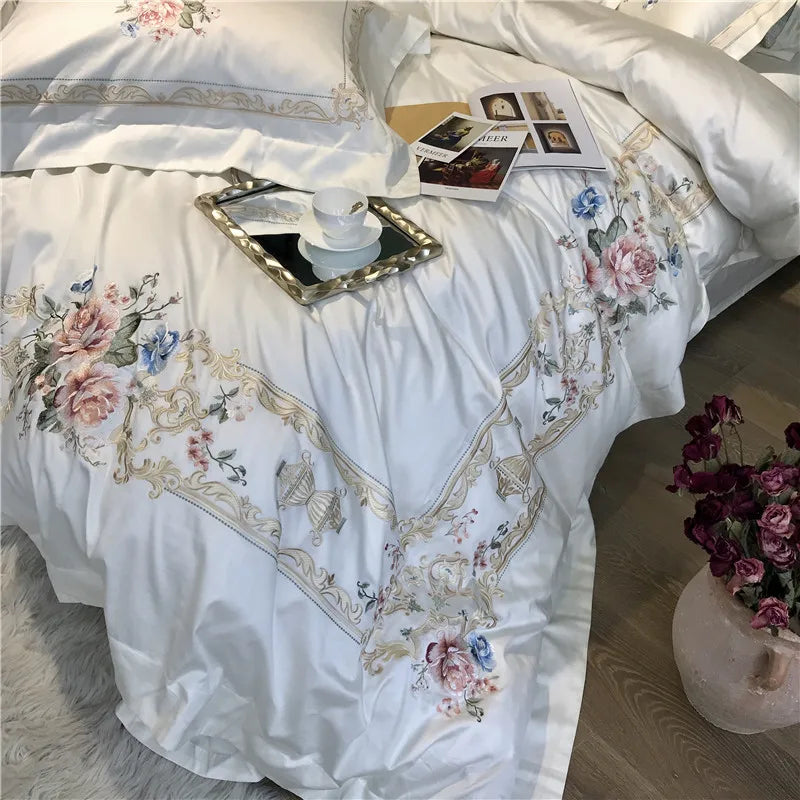 1000TC Egyptian Cotton Luxury Embroidery White Bedding Set Queen King size Super King Duvet Cover Bed sheet set parure de lit