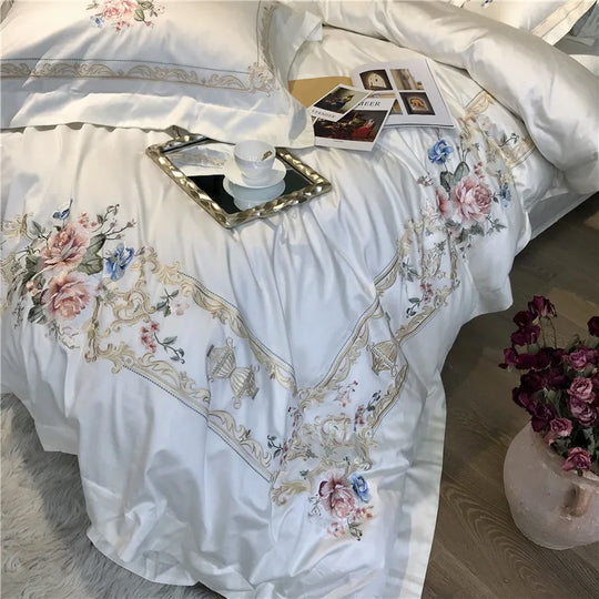 1000TC Egyptian Cotton Luxury Embroidery White Bedding Set Queen King size Super King Duvet Cover Bed sheet set parure de lit