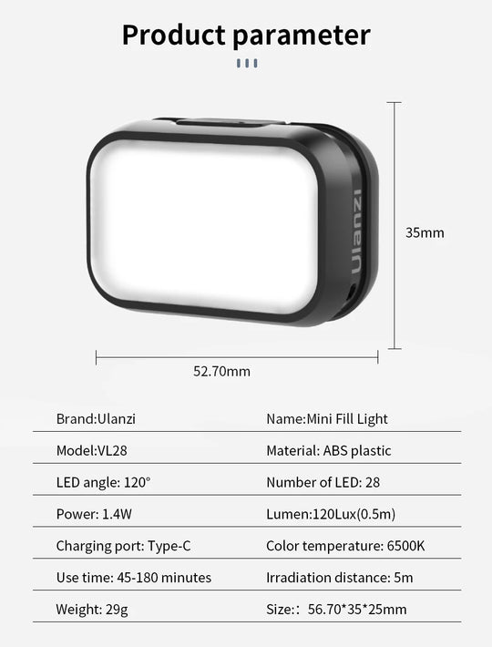 6500K Soft Fill Light with Diffuser, 120Lux, Type-C Charging, and Ultra-Portable Vlogging Light