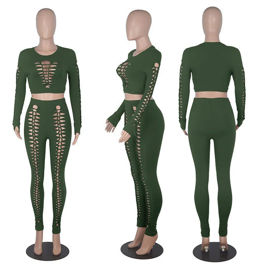 Streetwear Sexy 2 Piece Outfits for Women Tracksuit Hollow Out Crop Top and Leggings Set Party Club Matching Sets Ensemble Femme - Jscomfortzstore