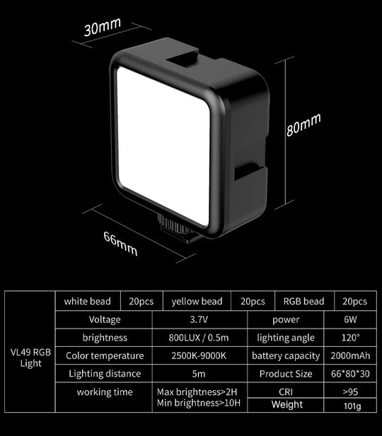 2500K-9000K LED Video Light with 800LUX, Magnetic Mini Fill Light & 3 Cold Shoes