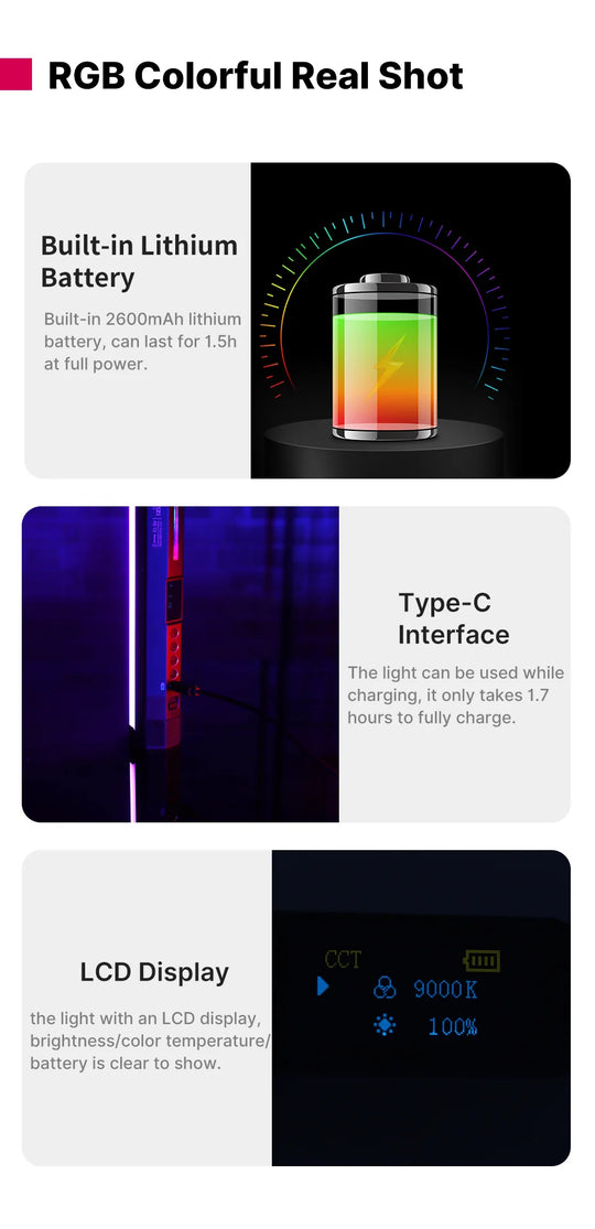 2500-9000K LED Photography Stick with Soft Light, Rechargeable Wand for Video & Creative Lighting