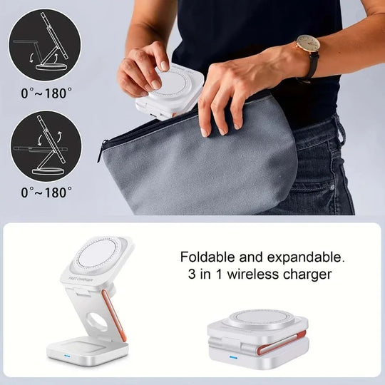 Fast Charging Station 3 in 1 Foldable Magnetic Wireless Charger Stand for iPhone 16 15 14 13 12 iWatch 10-2 Airpods Pro Max
