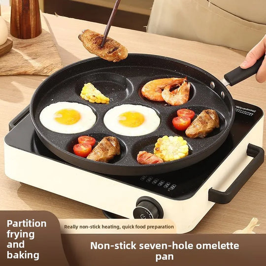 Seven-Hole Non-Stick Frying Pan with Maifan Stone for Home Use, Suitable for Eggs, Burgers, Breakfast, and Induction Cookers