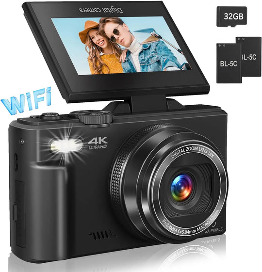 4K YouTube Vlog Video Camera with 3’’ Flip Screen & Anti-Shake Selfie Camcorder