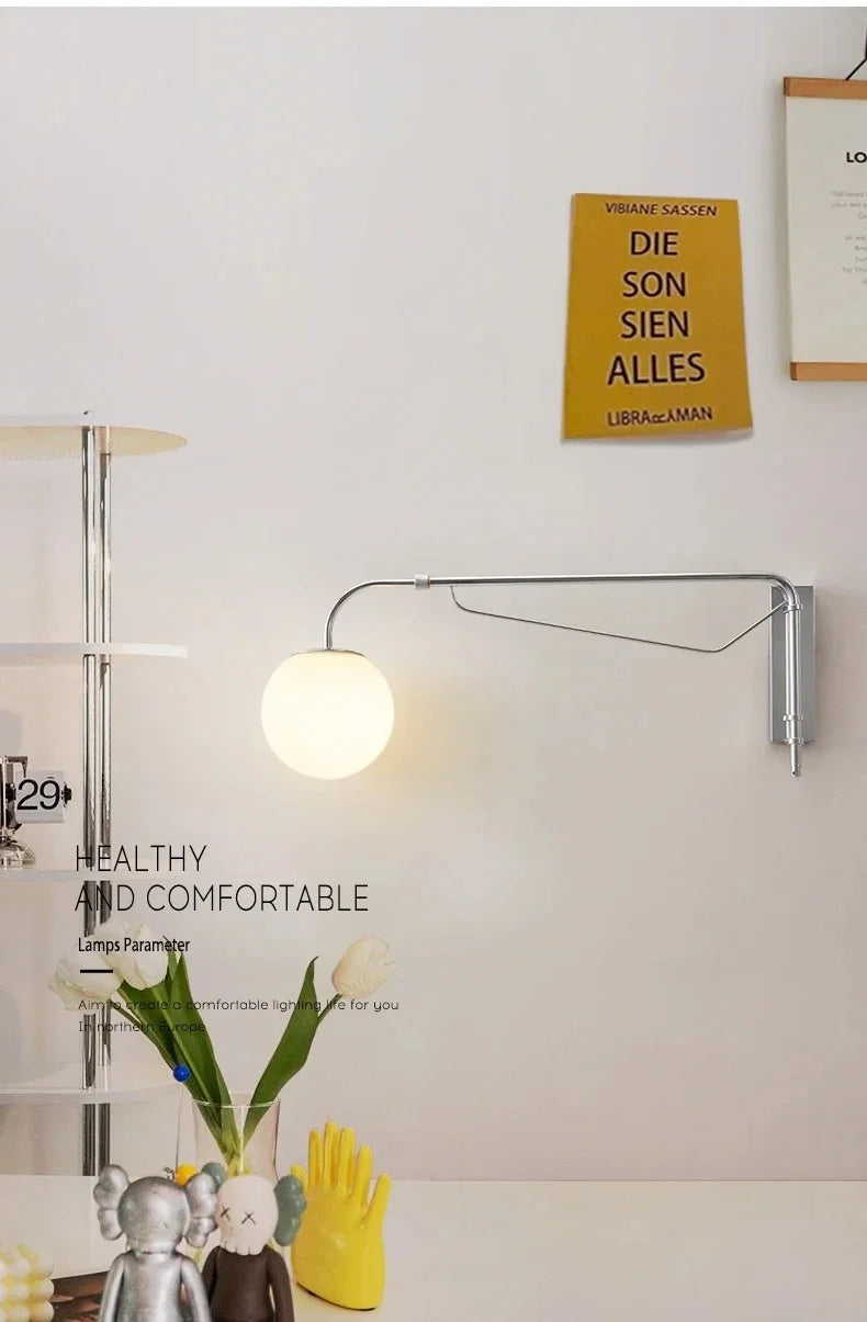 LED Wall Light  Chrome Long Pole Rocker Arm Wall Lamps Rotatable Arm Lamp Minimalist Bedroom Living Room
