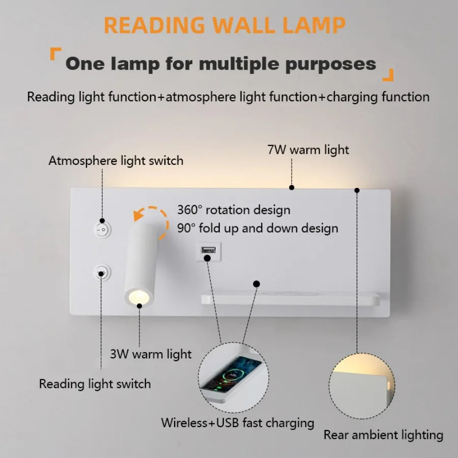 LED Wall Lamp Modern Multifunctional with Wireless Charging USB Interface Bedroom Night Light Indoor Decoration Lighting