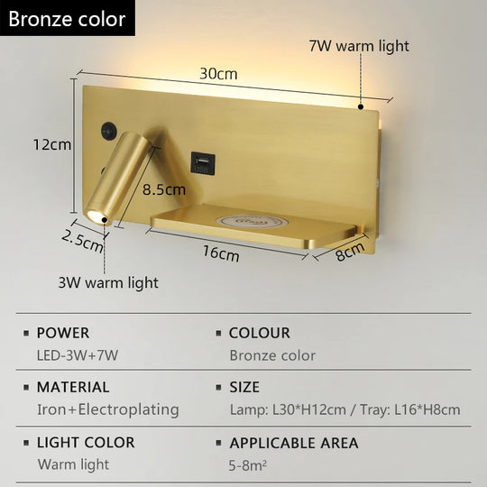 LED Wall Lamp Modern Multifunctional with Wireless Charging USB Interface Bedroom Night Light Indoor Decoration Lighting