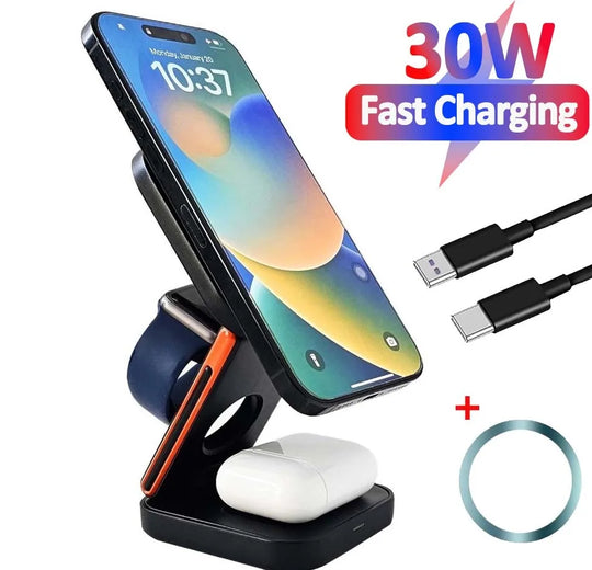 Fast Charging Station 3 in 1 Foldable Magnetic Wireless Charger Stand for iPhone 16 15 14 13 12 iWatch 10-2 Airpods Pro Max