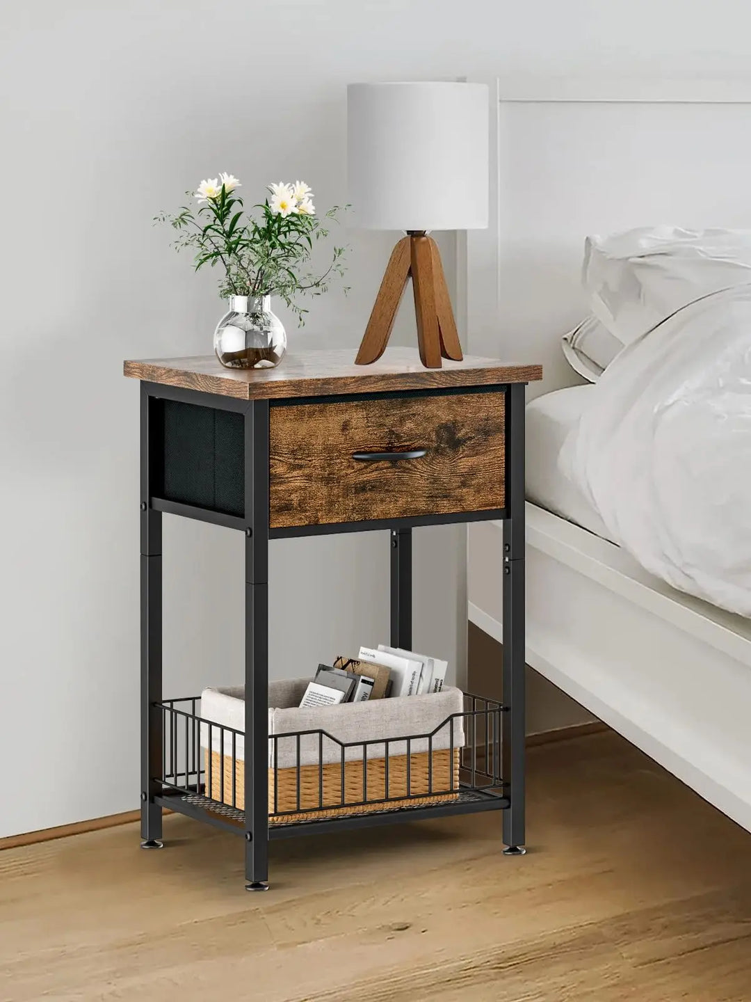 Bed Side Table with Adjustable Fabric Drawer Night Stand for Bedroom 3-Tier Storage End Table for Living Room