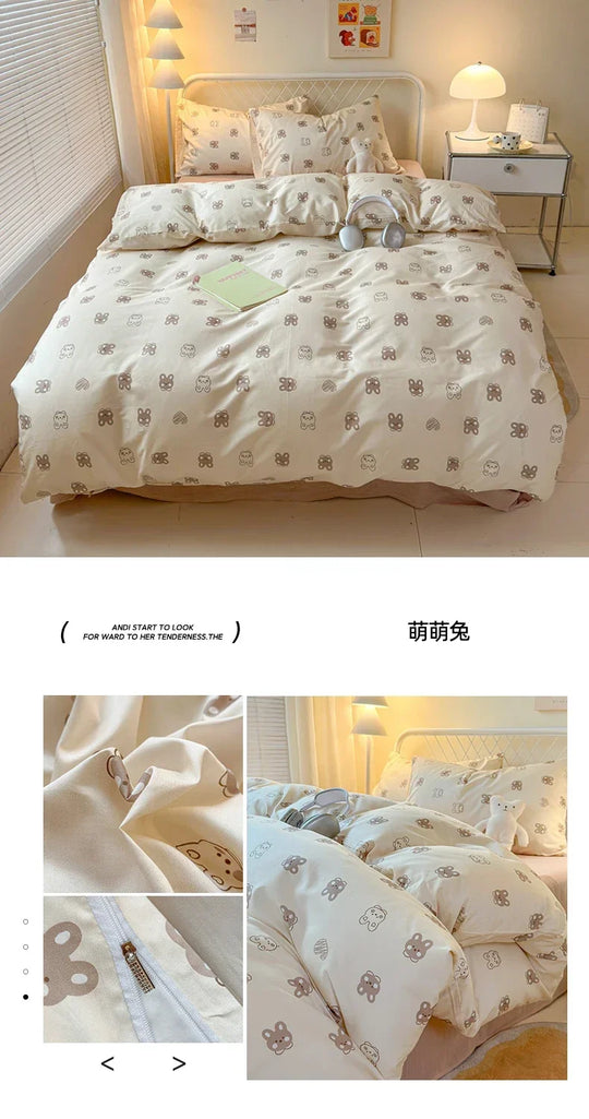 Queen Bedding Set Reactive Printed Bed Sheet Sets Washed Polyester Soft Duvet Cover Bed Sheet Pillowcase Cartoon Bedding Bed Set