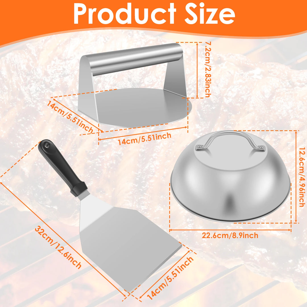 Smash Burger Kit with Lid Griddle Spatula 5.5 Inch Stainless Steel Burger Press 8.9 Inch Basting Cover 13.38 x 5.5 Inch Grill