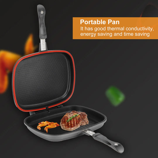 Double Side Pan Grill Pan Frying Double Side Portable Anti‑Burn Handle Kitchen Supplies Grill Pot 32cm/12.6in Pan Portable Pan
