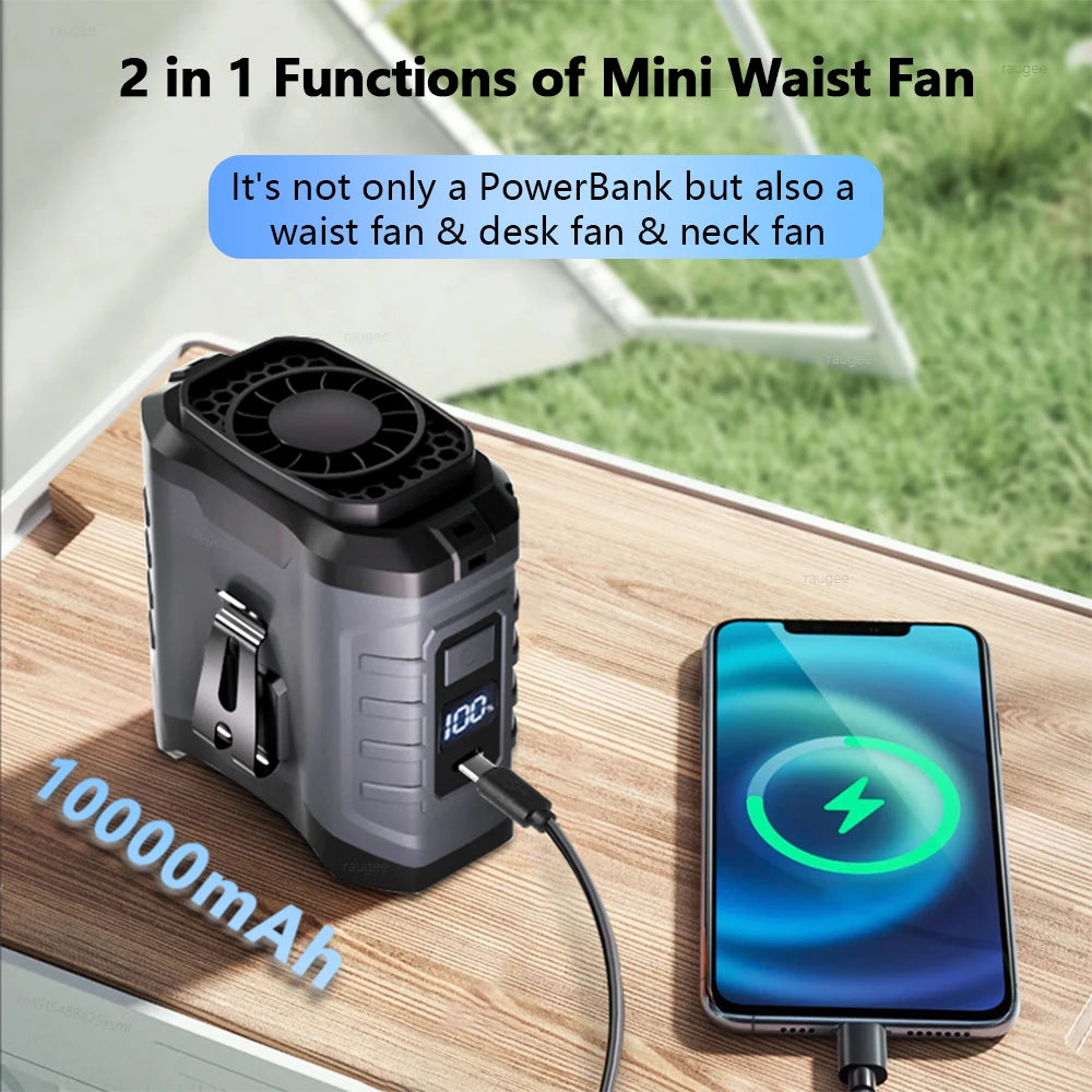 Portable Waist Fan 10000mAh Rechargeable Mini Waist Clip Fan Mini Portable Hanging Neck Fan Wearable Belt Fan for Outdoor Travel