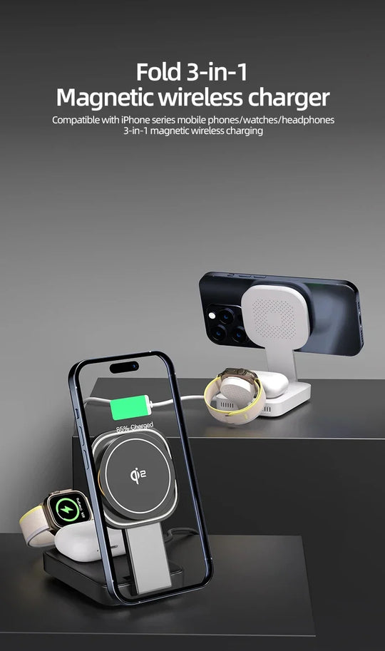 3 In 1 Magnetic Wireless Charger QI2 Folding Wireless Charging Station for Magsafe  iPhone 16 15 14 13 iWatch 9 8 7 AirPods Pro