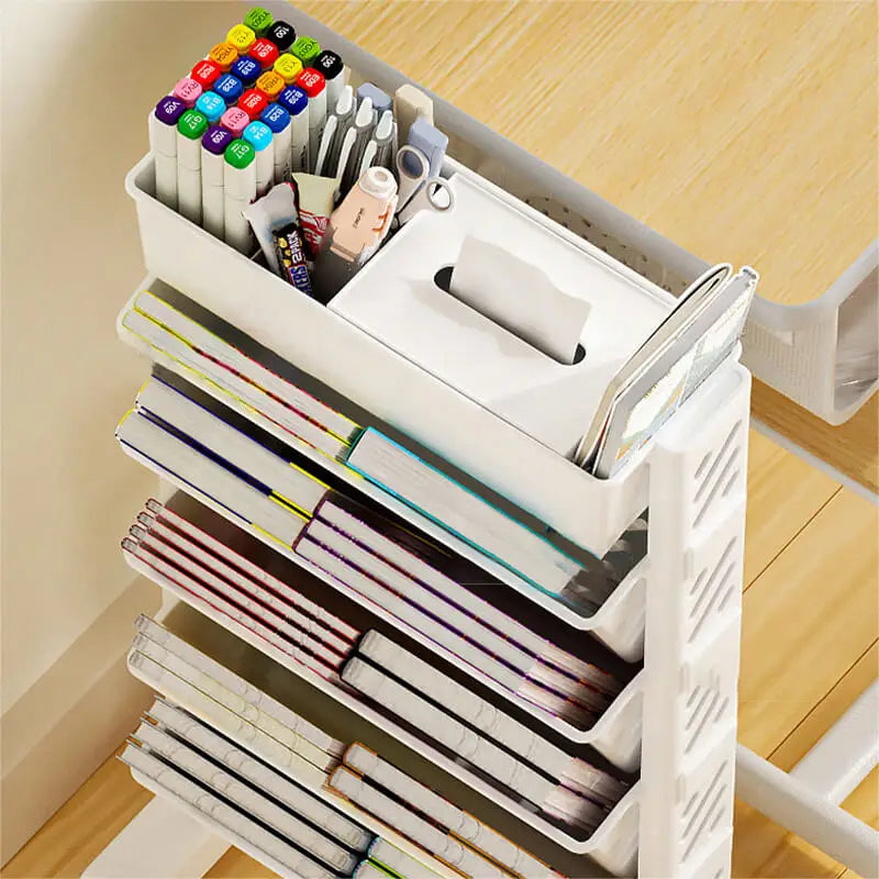 Simple Movable Book Shelf on Wheels 5/6 Layers Bookshelf Movable Floor Small Cart Book Storage Shelf Pen Holder Office Supplies