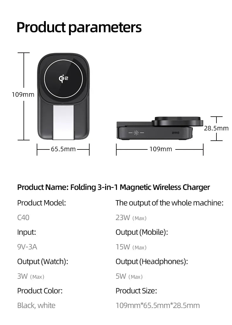 3 In 1 Magnetic Wireless Charger QI2 Folding Wireless Charging Station for Magsafe  iPhone 16 15 14 13 iWatch 9 8 7 AirPods Pro