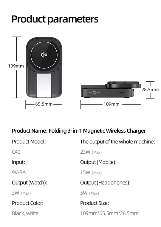 3 In 1 Magnetic Wireless Charger QI2 Folding Wireless Charging Station for Magsafe  iPhone 16 15 14 13 iWatch 9 8 7 AirPods Pro