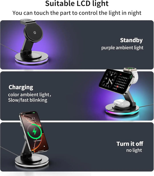 Magnetic Wireless Charging Station for iPhone 16 15 14 Foldable Rotating Light Adjustment 3-in-1 15W Fast Mag-Safe Charger Stand
