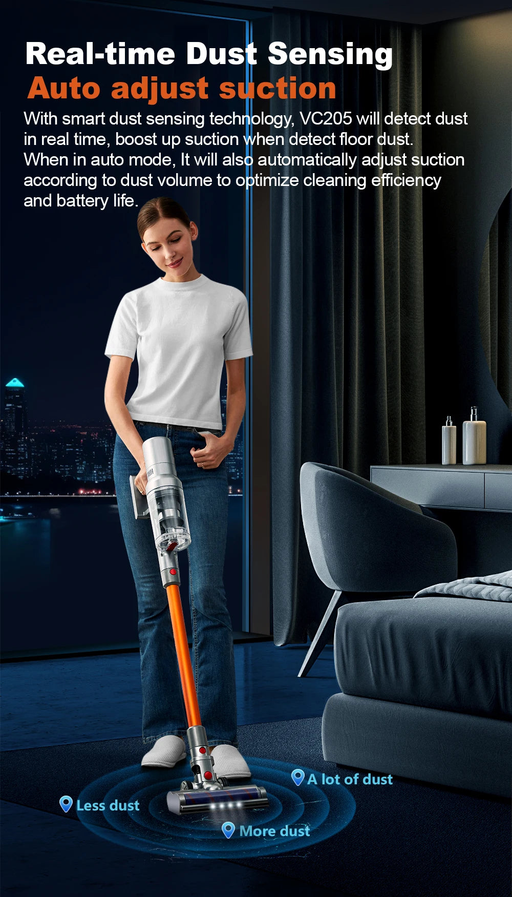 Cordless Handheld Vacuum Cleaner,27000PA,Touch Screen,Smart Dust Sensor,Auto Speed Control for Home Bed Carpet Clean