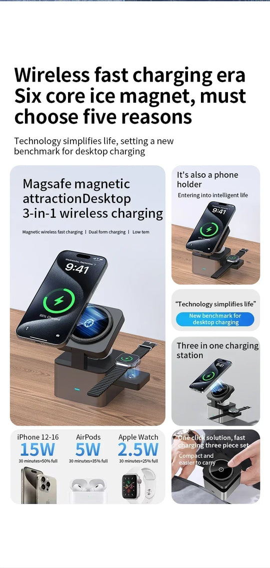 3 in 1 Wireless Charger Foldable Fast Charging Station Wireless Ice-Cooling Charger For iPhone 16 15 14 13 iWatch 9 8 7 Airpods