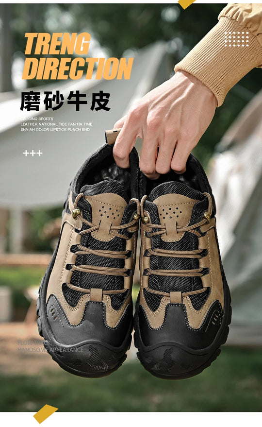 Men's Leather Outdoor Lace Up Anti Slip Sports Shoes Comfortable  Lightweight Hiking Shoes Casual  Breathable Hiking Shoes