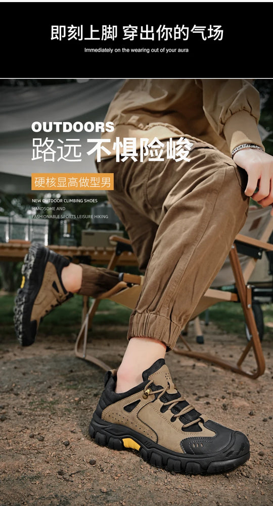 Men's Leather Outdoor Lace Up Anti Slip Sports Shoes Comfortable  Lightweight Hiking Shoes Casual  Breathable Hiking Shoes