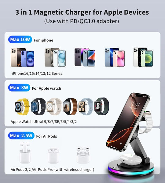 Magnetic Wireless Charging Station for iPhone 16 15 14 Foldable Rotating Light Adjustment 3-in-1 15W Fast Mag-Safe Charger Stand