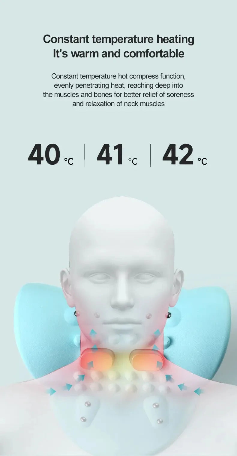 A multifunctional neck massager designed to heat and stretch the neck, back, and shoulders, providing deep relief for neck disco