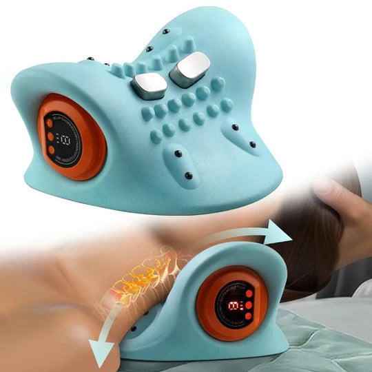 A multifunctional neck massager designed to heat and stretch the neck, back, and shoulders, providing deep relief for neck disco