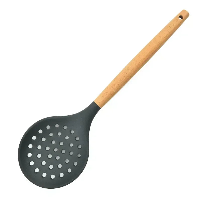 1Pcs Cooking Silicone Strainer Food Non-Stick Heat-Resistant Wooden Handle Colander Spoon Skimmer Strainer Cooking Kitchen Tools