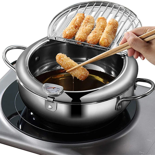 Japanese Deep Frying Pot with a Thermometer and a Lid 304 Stainless Steel Kitchen Tempura Fryer Pan 20/24cm Induction Heating Pa
