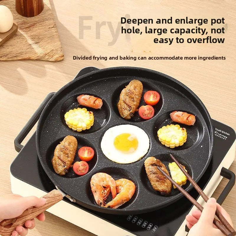 Seven-Hole Non-Stick Frying Pan with Maifan Stone for Home Use, Suitable for Eggs, Burgers, Breakfast, and Induction Cookers