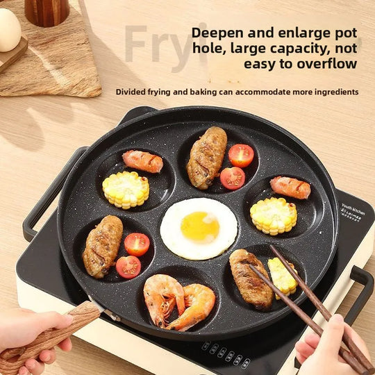 Seven-Hole Non-Stick Frying Pan with Maifan Stone for Home Use, Suitable for Eggs, Burgers, Breakfast, and Induction Cookers